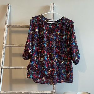 Multicolor abstract pattern long sleeve roll up blouse for women